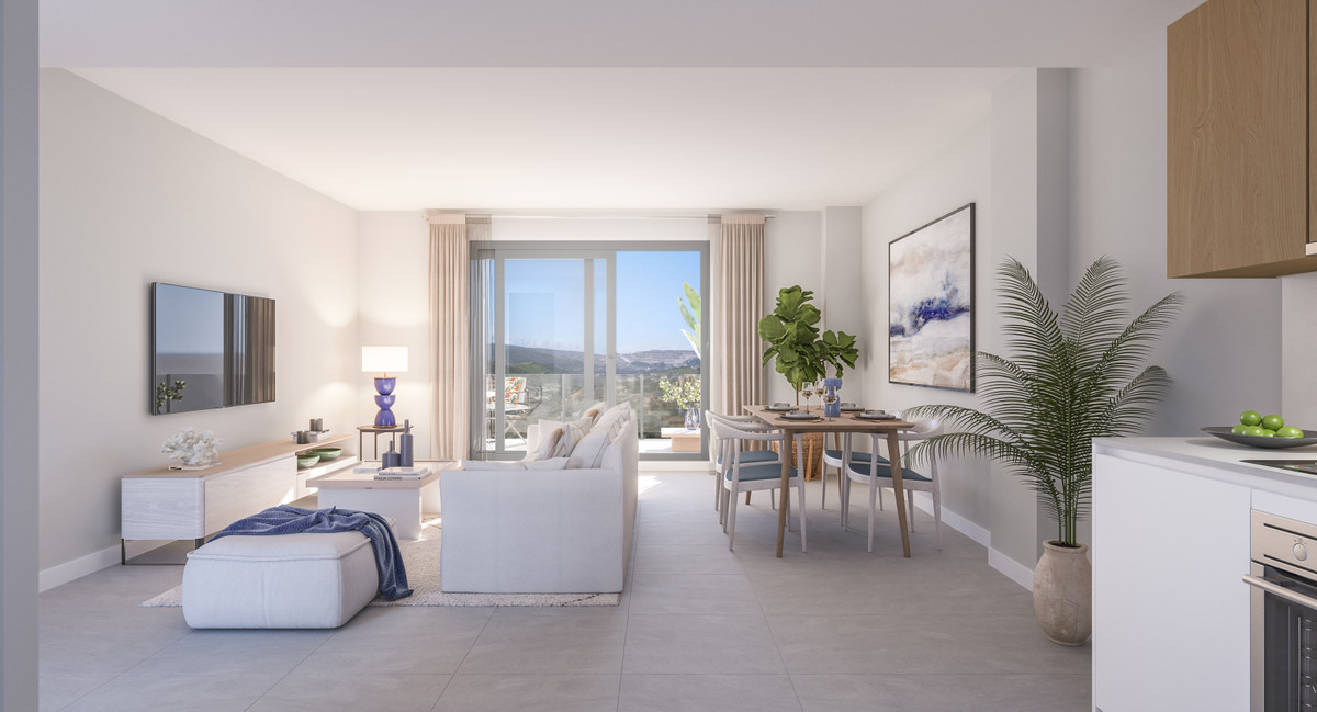 Alonia – Manilva - bright open-plan living and dining room with floor-to-ceiling sliding doors and panoramic hill views