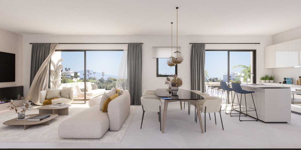 Attire Estepona – Estepona - open-plan living, dining and kitchen area with floor-to-ceiling windows and mountain views