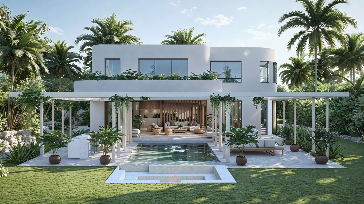 Can Cayú – Marbesa - modern white two-storey villa exterior with pool, pergola and tropical garden