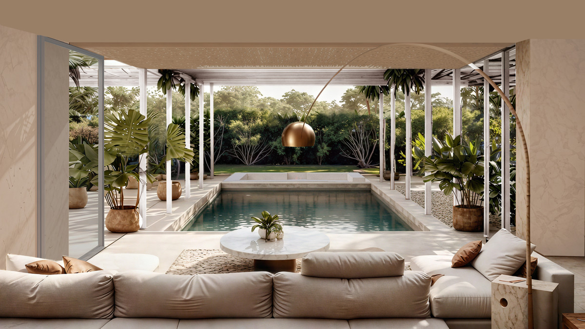 Can Cayú – Marbesa - indoor-outdoor living room opening onto a private pool surrounded by tropical gardens