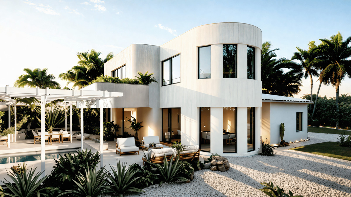 Can Cayú – Marbesa - modern white curved exterior facade with pool, pergola, and tropical landscaping in Marbesa Málaga