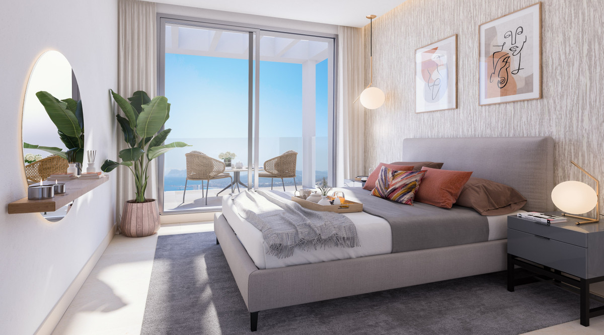 Golden View II – Manilva - luxury master bedroom with sea views, balcony, and contemporary décor
