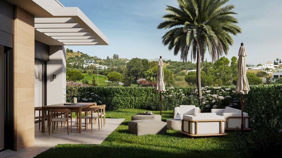 Green Valley – Cerros del Aguila - landscaped garden terrace with outdoor dining and lounge seating overlooking golf course and hills