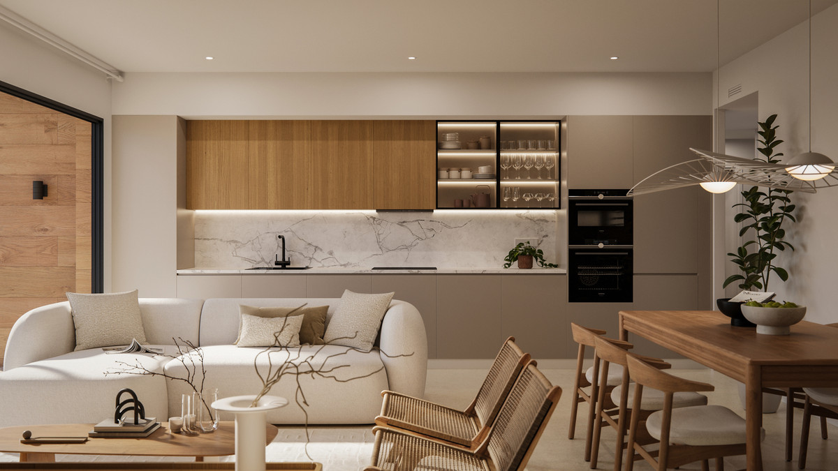 Green Valley – Cerros del Aguila - open-plan living, dining and kitchen with marble splashback and warm wood cabinetry