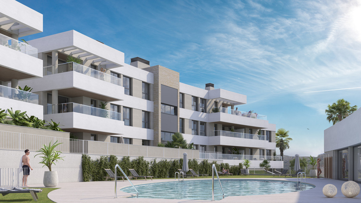 Insur Scala – Estepona - modern apartment complex exterior with communal pool, landscaped gardens and tiered balconies