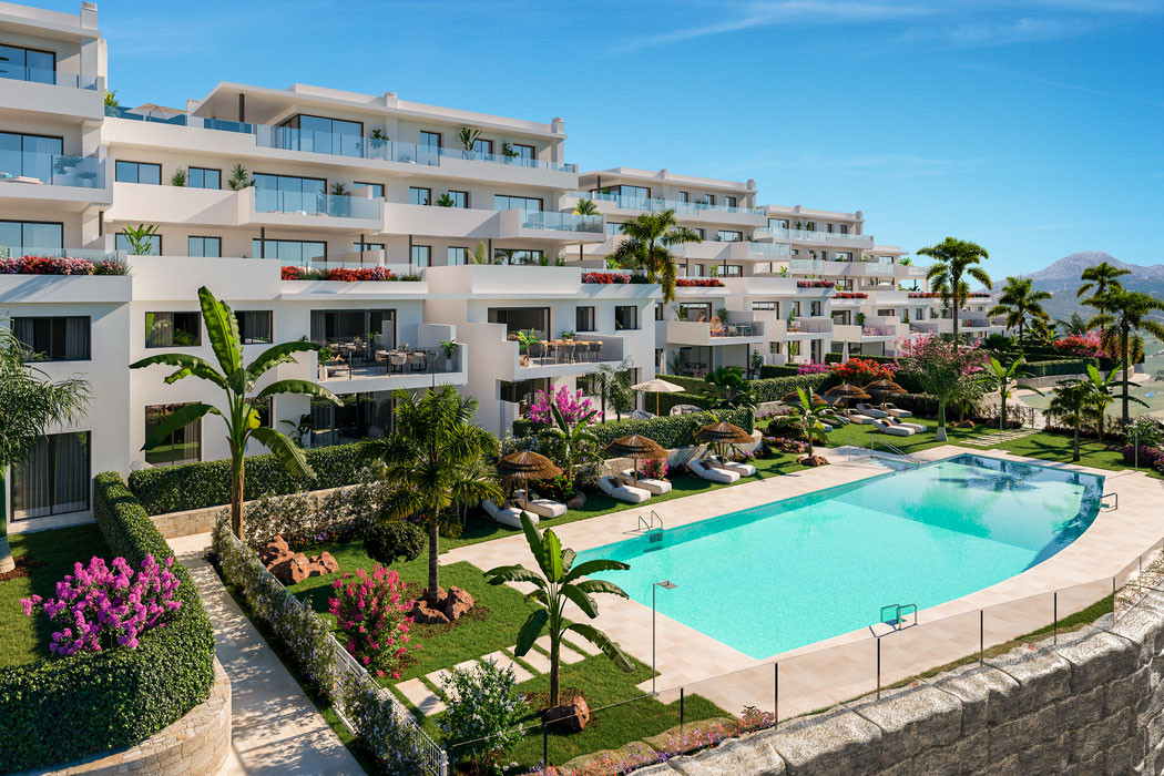 Las Terrazas de Cortesin Bon Air – Casares - luxury white residential complex with communal pool, tropical gardens, and mountain backdrop