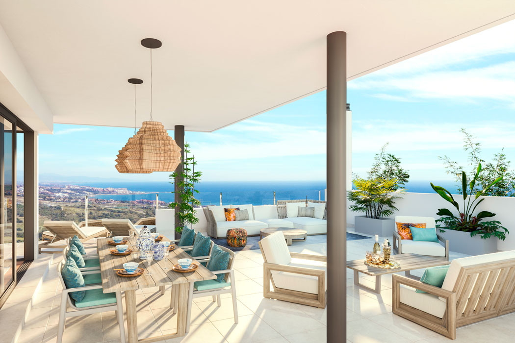 Las Terrazas de Cortesin Bon Air – Casares - panoramic terrace with outdoor dining, lounge seating and sea views