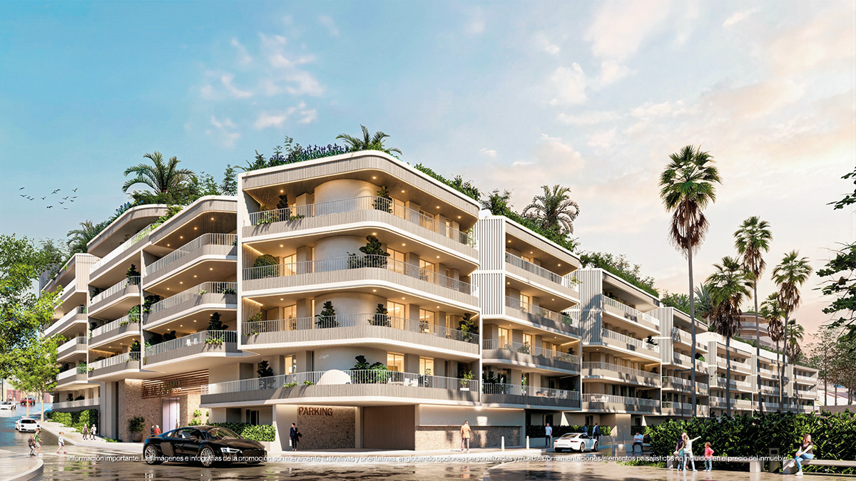 Magna Torremolinos – Torremolinos - modern luxury apartment complex exterior with curved balconies, rooftop greenery and parking entrance