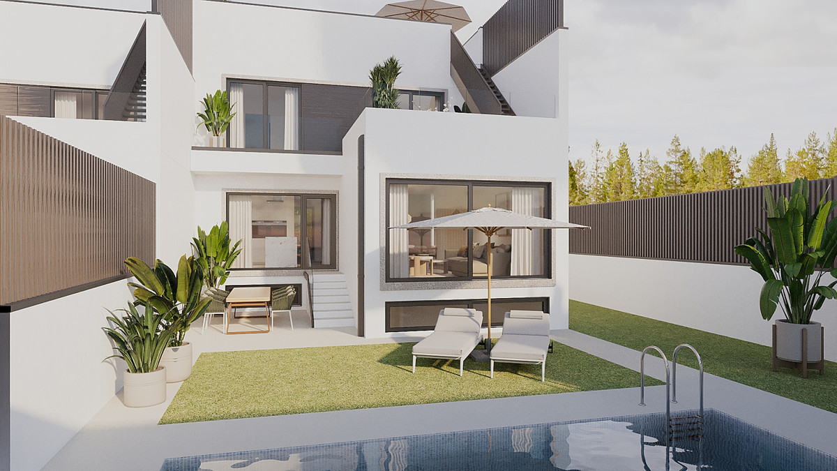 Paraiso Beach – Townhouses – La Línea - modern white exterior with private pool, sun loungers, garden and rooftop terrace