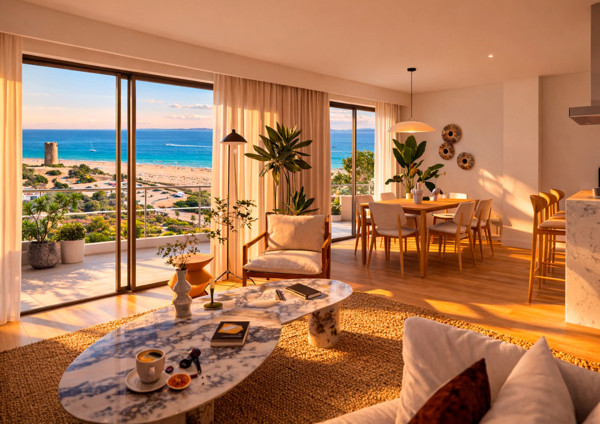 Paraiso Beach – Townhouses – La Línea - bright open-plan living and dining room with panoramic sea views and large sliding glass doors