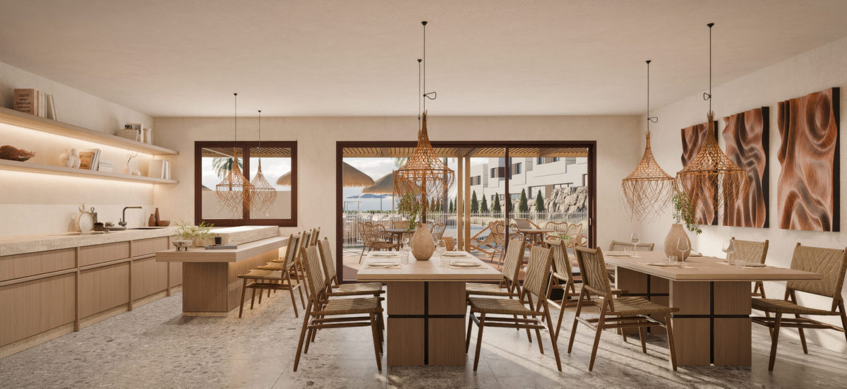 Savia – Fase 1 – Mijas - open-plan dining and kitchen area with woven pendant lights and terrace access