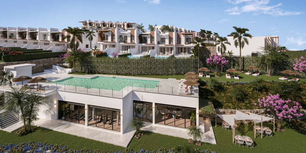 Soleia Living – El Chaparral - luxury communal pool, gardens and white modern townhouses on a hillside in Málaga