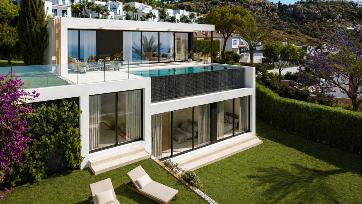 Stupa – Villa Jokang – Torremuelle - modern white villa exterior with infinity pool, garden and sun loungers in Torremuelle, Málaga