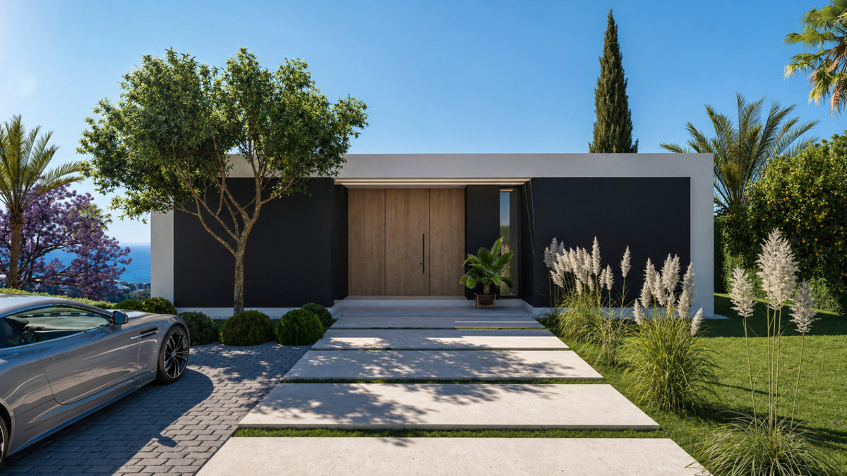 Stupa – Villa Jokang – Torremuelle - modern exterior facade with wooden entrance door, dark render walls, and landscaped garden