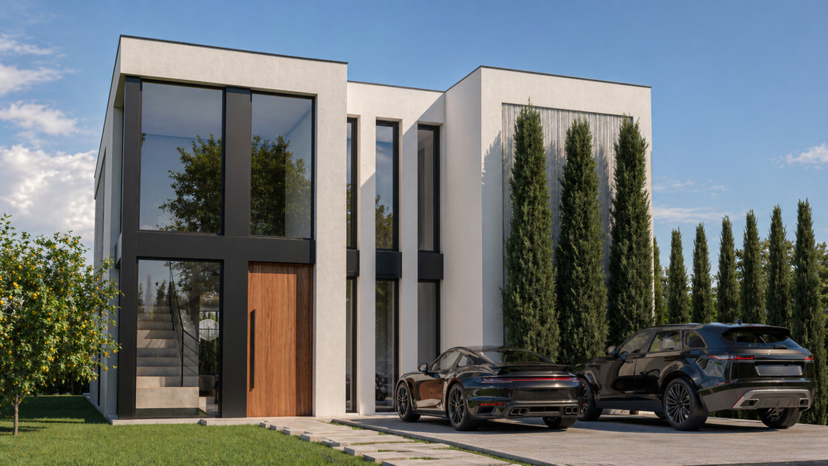 Stupa – Villa Metta – Mijas Golf - modern two-storey white villa exterior with floor-to-ceiling glass, wooden front door, and two black Porsche cars on the driveway