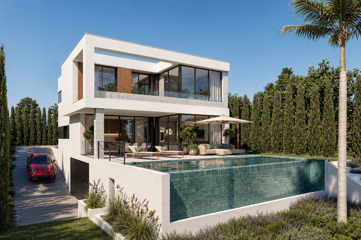 Stupa – Villa Metta – Mijas Golf - modern two-storey white villa with infinity pool, terrace, and landscaped garden
