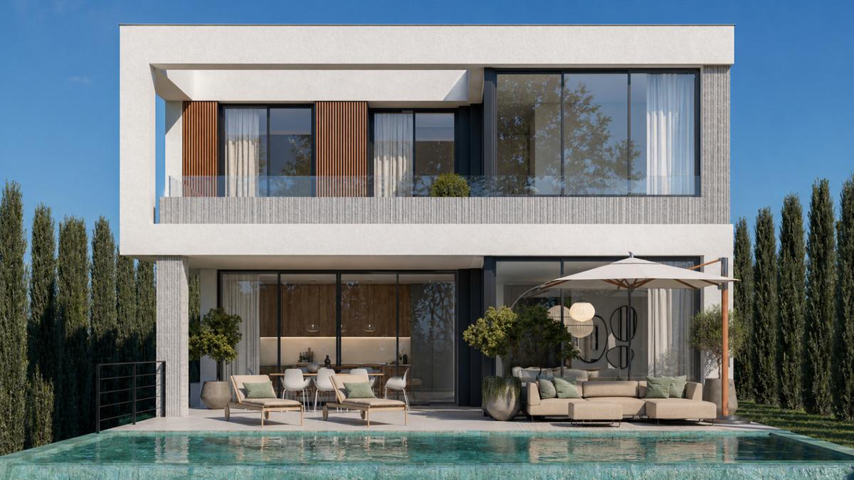 Stupa – Villa Metta – Mijas Golf - modern two-storey villa exterior with pool, terrace, and outdoor lounge area