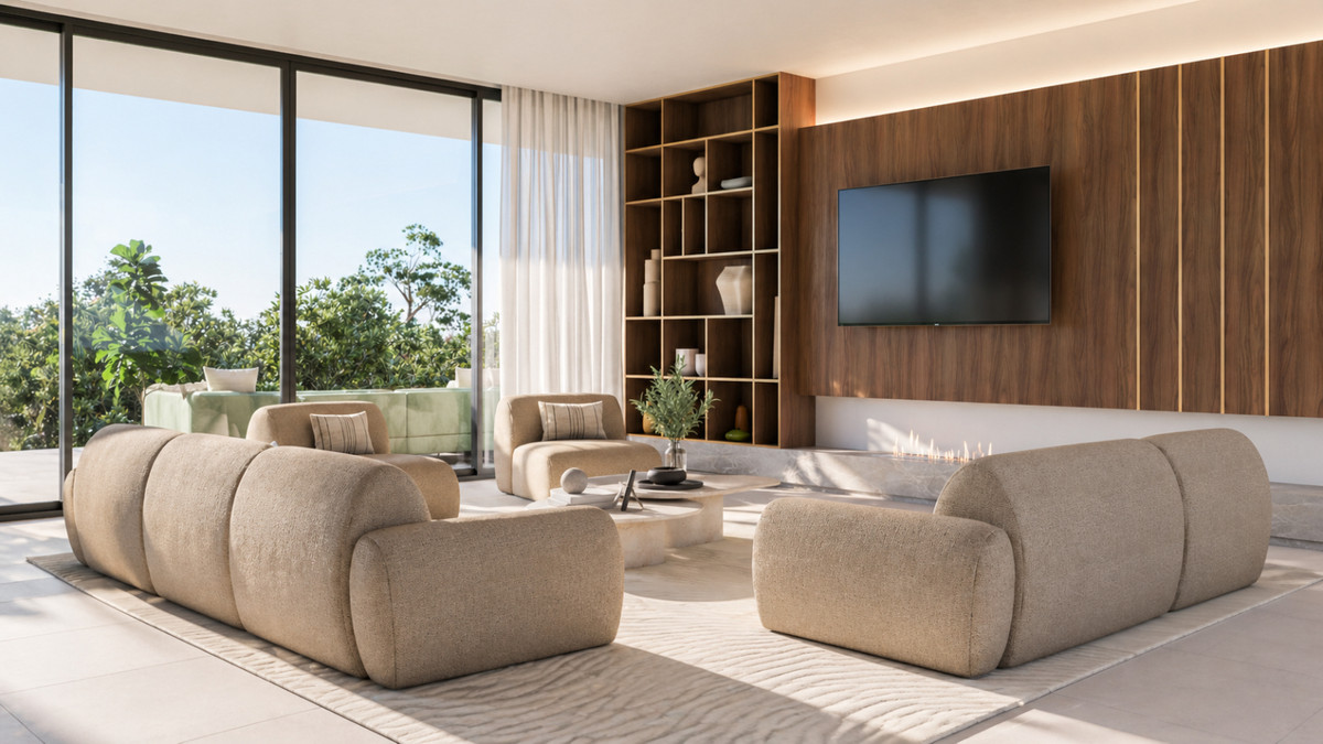 Stupa – Villa Prana – Benahavís - luxury living room with boucle sofas, wood-panelled TV wall, fireplace and floor-to-ceiling garden views