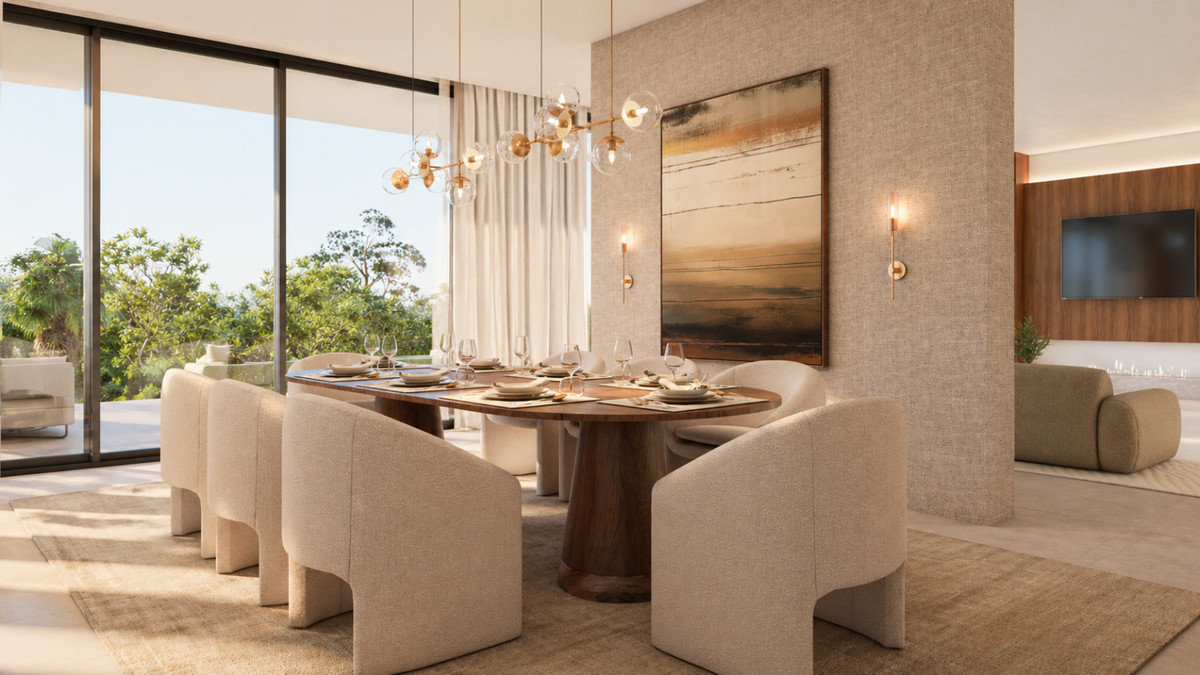Stupa – Villa Prana – Benahavís - luxury dining room with oval walnut table, boucle chairs, gold chandelier and garden views