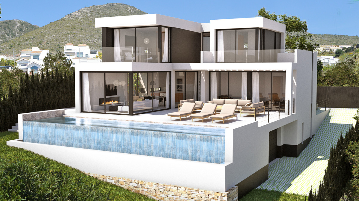 Stupa – Villa Shanti – Mijas Golf - modern white villa exterior with infinity pool, sun terrace, and mountain backdrop