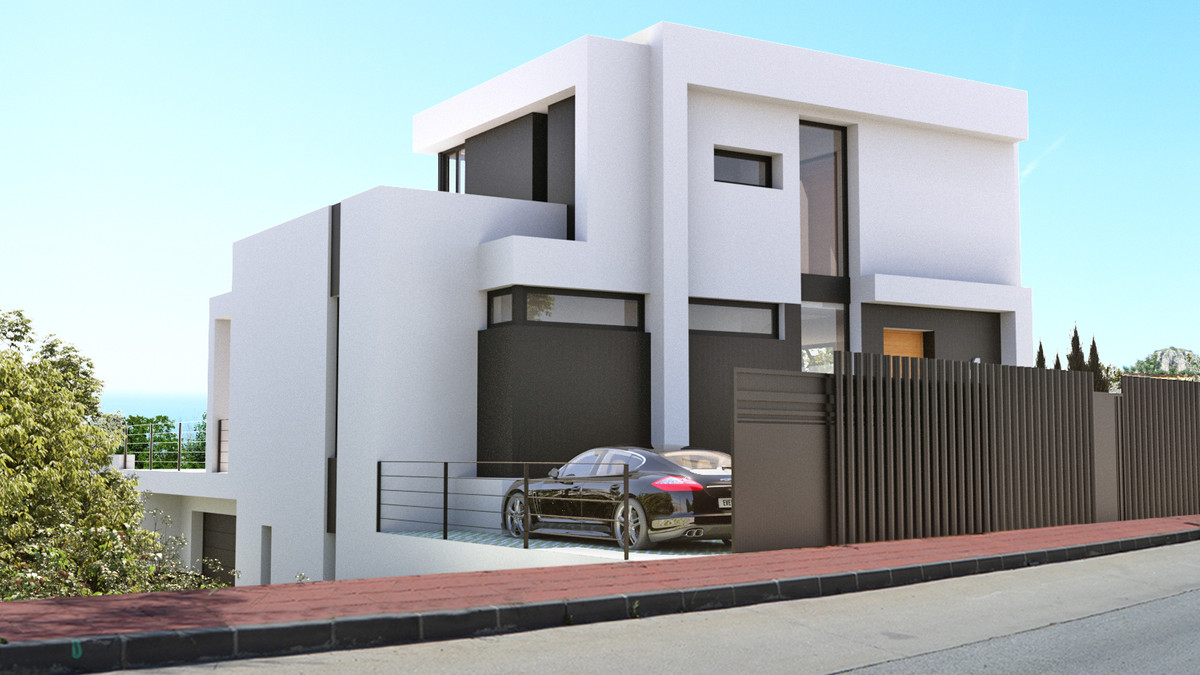 Stupa – Villa Shanti – Mijas Golf - modern white two-storey villa exterior with dark accents, gated driveway and luxury car