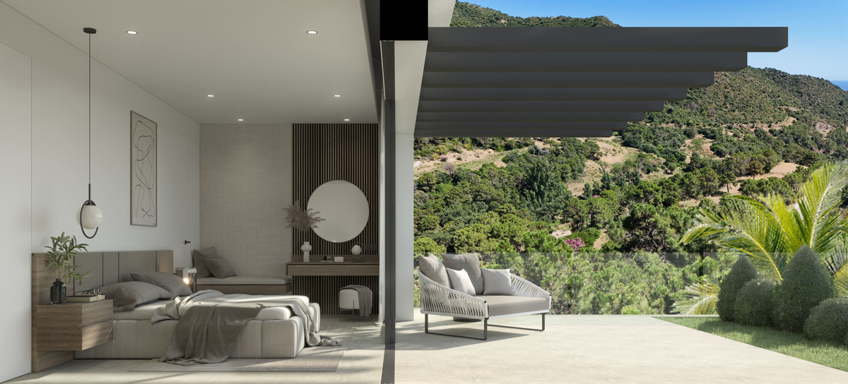 Villa Alhama – Benahavís - luxury bedroom interior and terrace with panoramic mountain views in Benahavís, Málaga
