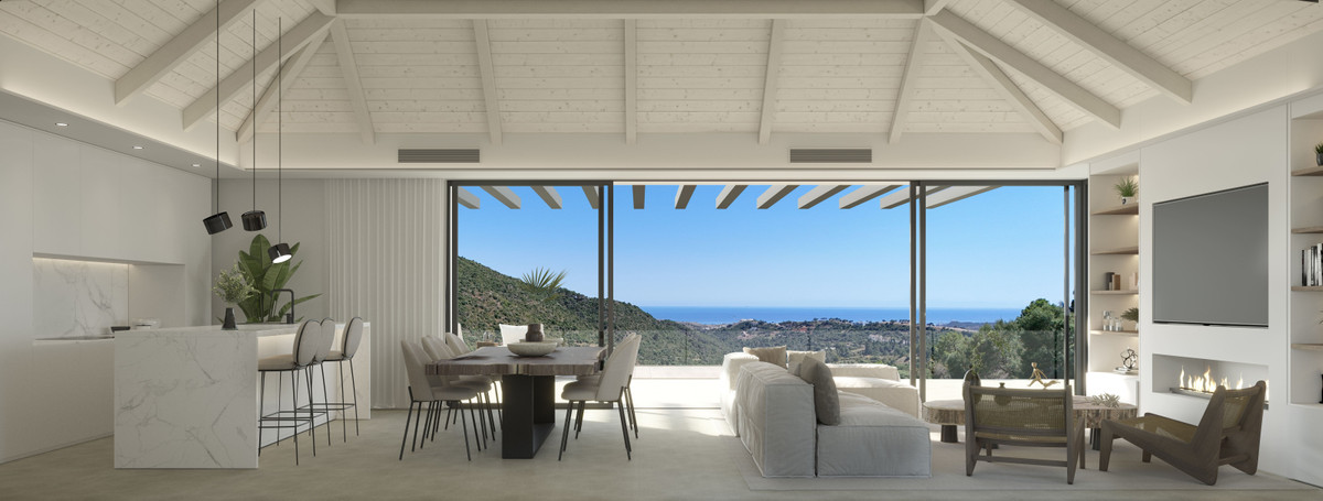 Villa Alhama – Benahavís - open-plan living, dining and kitchen with vaulted white ceiling and panoramic sea views