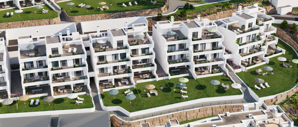 Aby Middle – Estepona - aerial view of white modern apartment complex with terraces, landscaped gardens and pool area