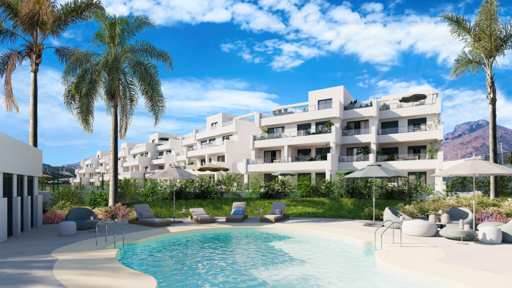 Aby Middle – Estepona - modern white residential complex with outdoor pool, palm trees and mountain backdrop