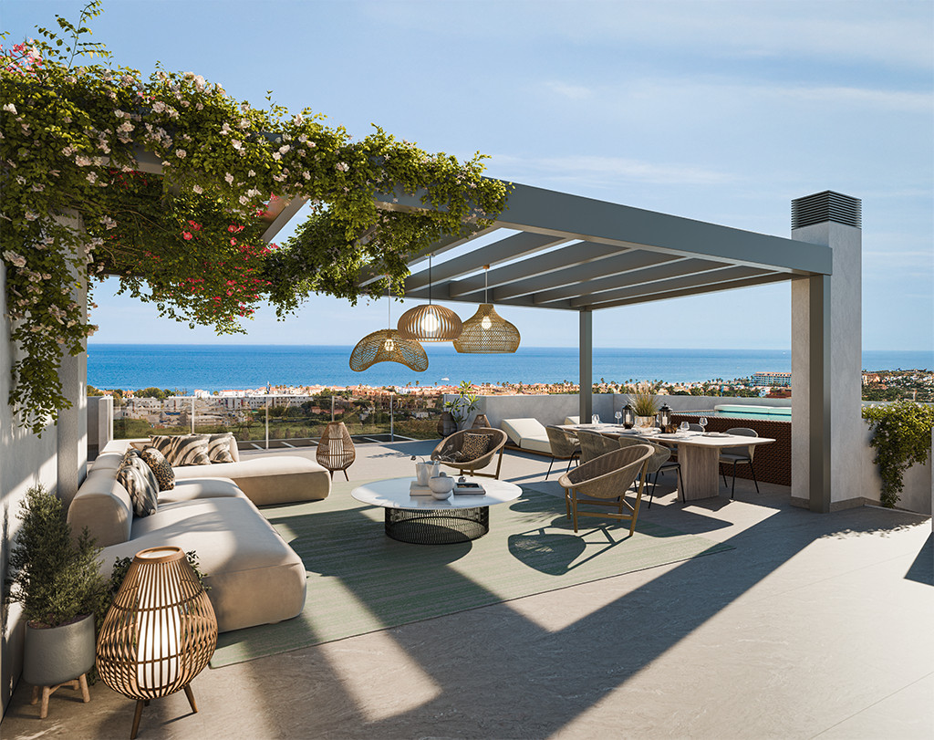 Alura Living FASE I – Casares - rooftop terrace with pergola, outdoor lounge, dining area and panoramic sea views