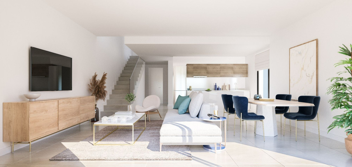 Alya Mijas FASE I, II – Mijas - bright open-plan living and dining area with modern kitchen and staircase in new-build home