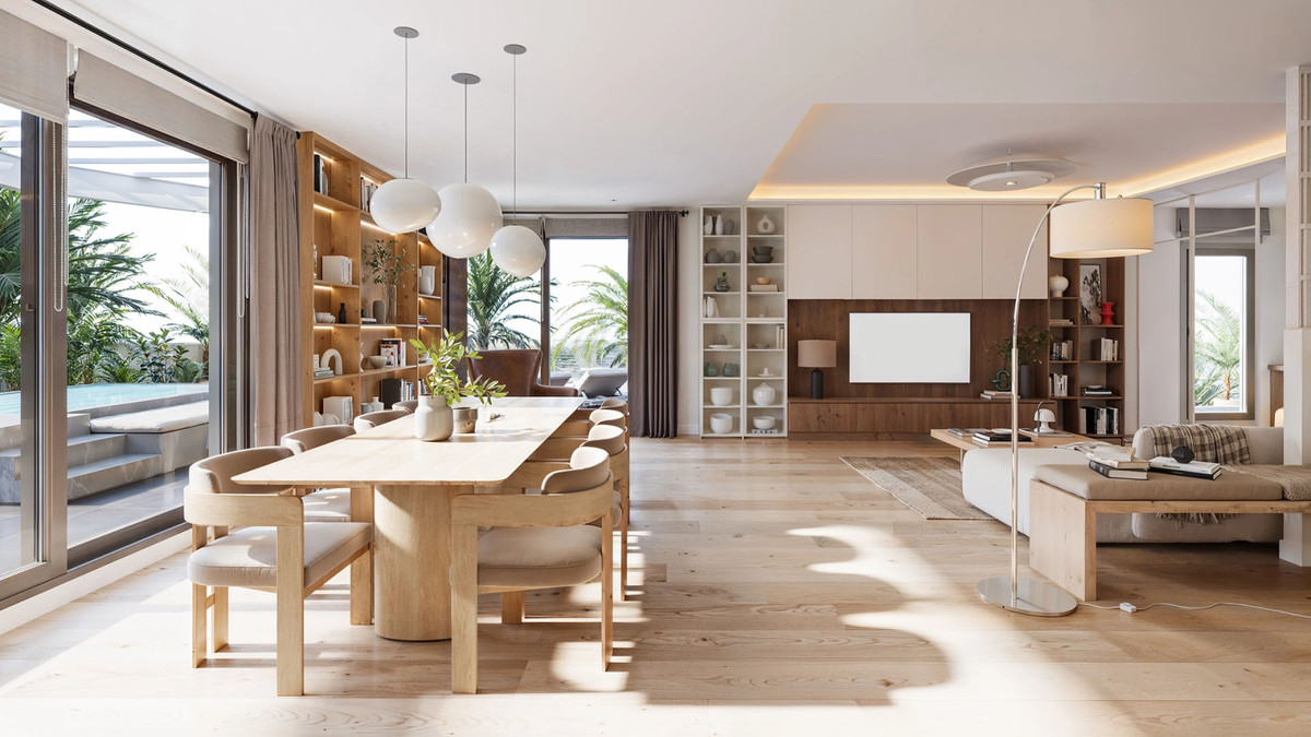 Lakün FASE II – Las Lagunas open-plan dining and living area with light wood floors and floor-to-ceiling glazing