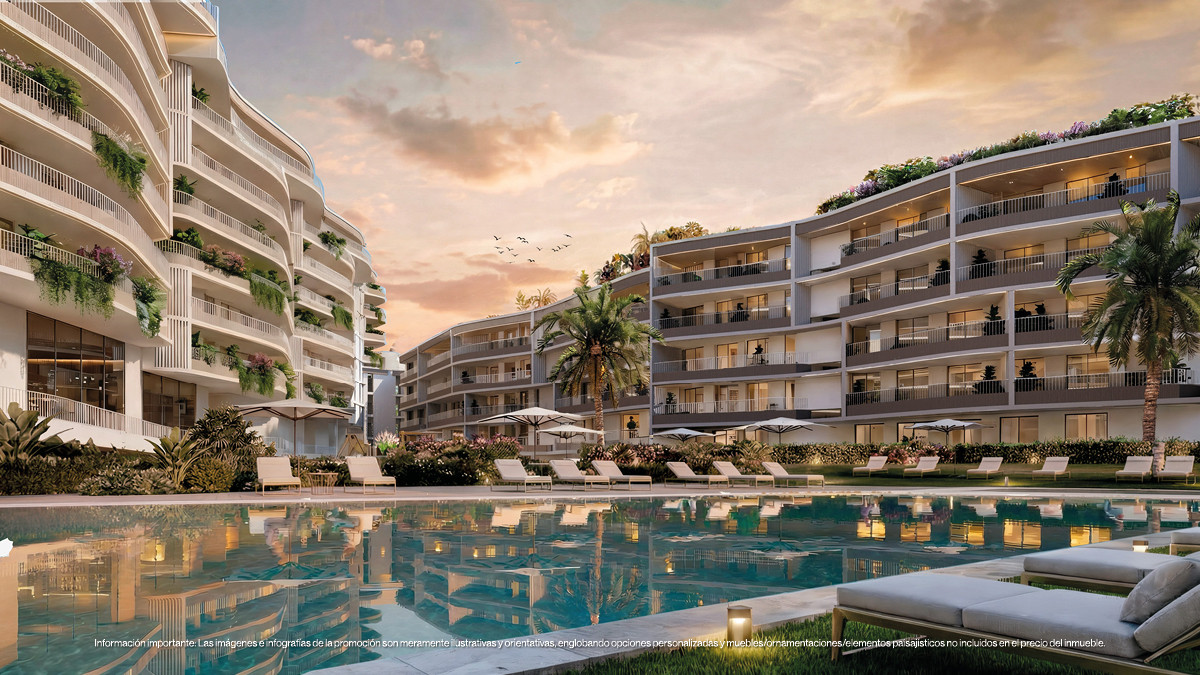 Magna Torremolinos Fase II – Torremolinos - luxury residential complex with pool, palm trees and landscaped gardens at sunset