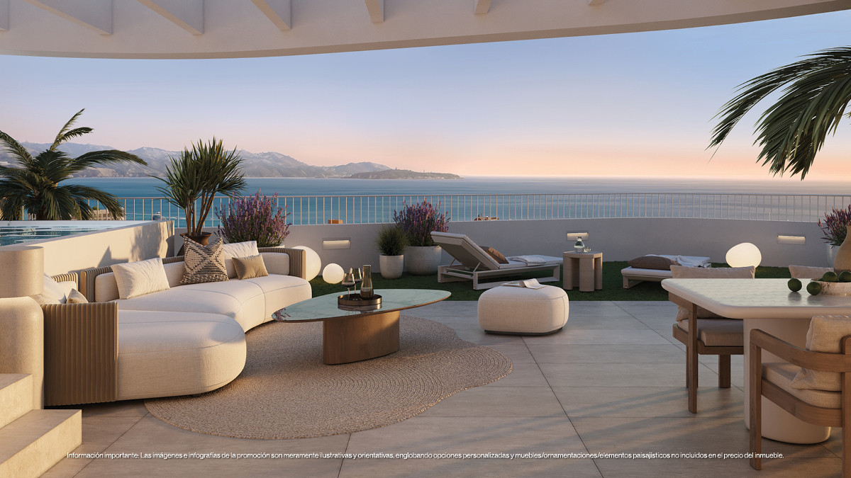 Magna Torremolinos Fase II – Torremolinos - luxury rooftop terrace with curved sofa, sun loungers, and panoramic sea views at sunset