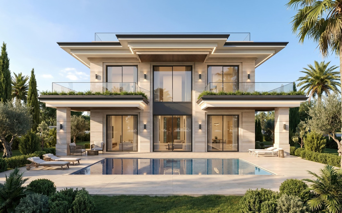 Le Monte – Benahavís - luxury two-storey villa exterior with swimming pool, glass balconies and landscaped garden