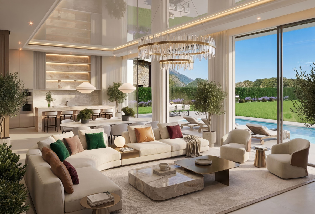 Le Monte – Benahavís - luxury open-plan living room with crystal chandelier, cream sofas, marble coffee table and pool views