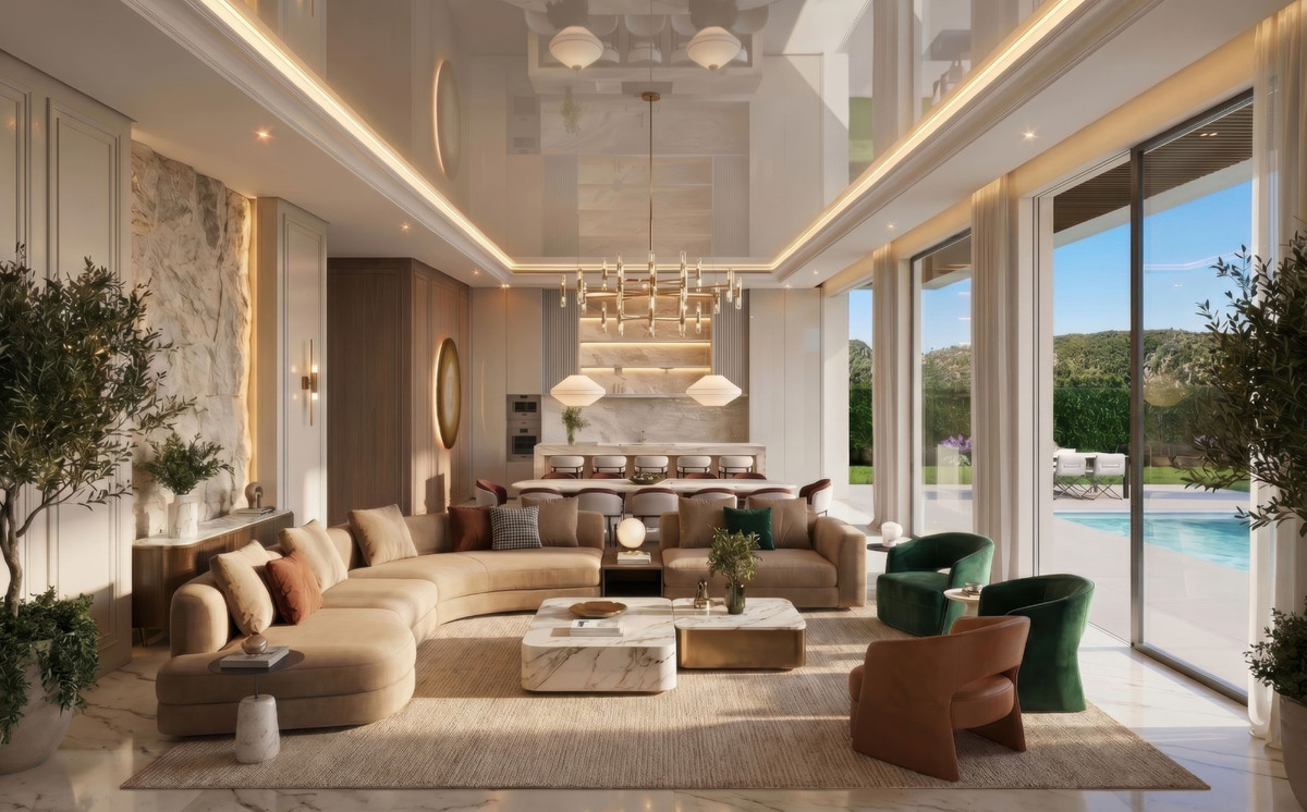 Le Monte – Benahavís - luxury open-plan living room with marble coffee table, curved sofa, and pool views