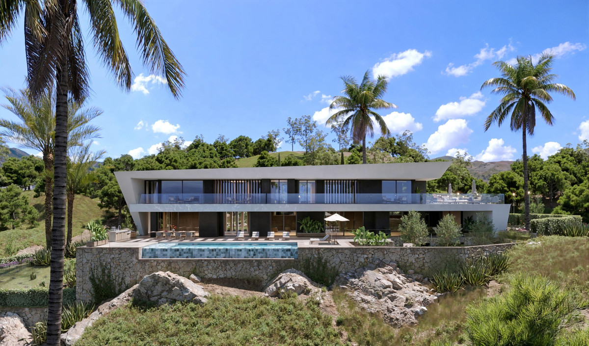 VILLA HORIZON Cortesín – Casares - modern luxury villa exterior with infinity pool, glass balconies and palm trees