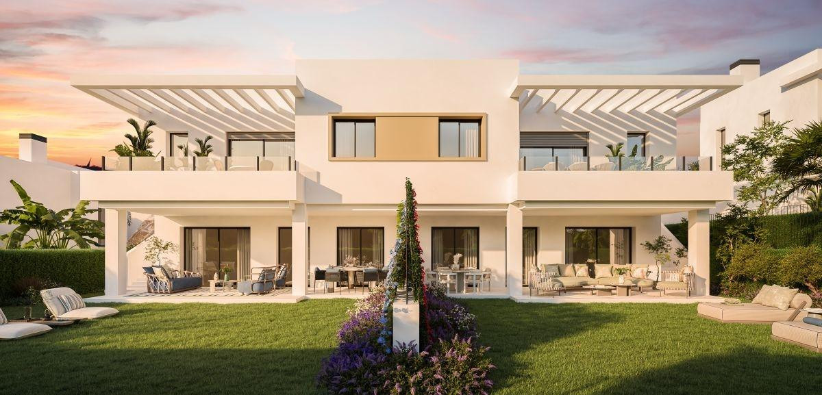 Apron Estepona – Estepona - modern white exterior facade with garden, terraces and pergola at sunset