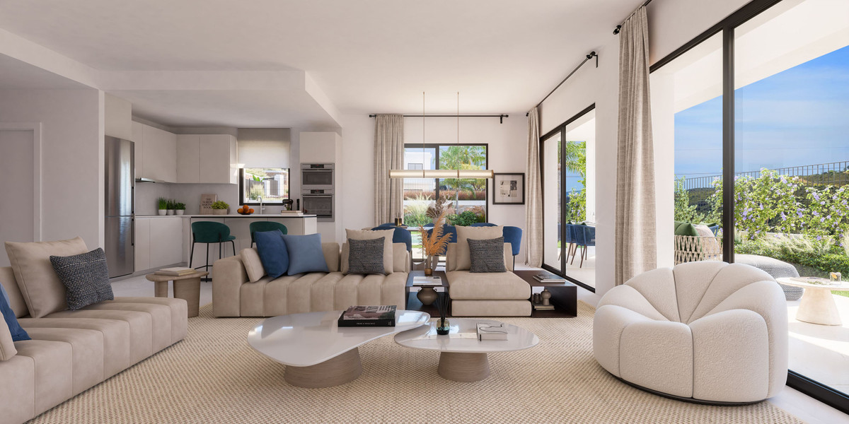 Apron Estepona – Estepona - open-plan living room with cream sofas, modern kitchen and floor-to-ceiling glass doors opening to a sunny garden