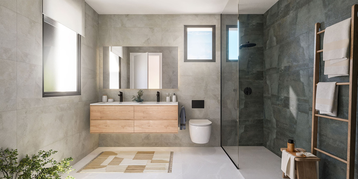 Apron Estepona – Estepona - modern luxury bathroom with double wood vanity, walk-in shower and dark stone tiles