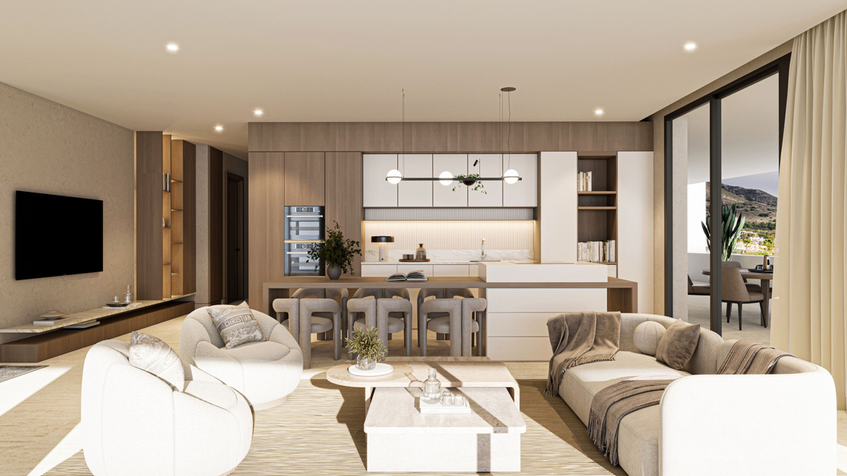 Carat Fase II – Fuengirola - open-plan living room and kitchen with neutral tones, marble coffee table, and terrace views