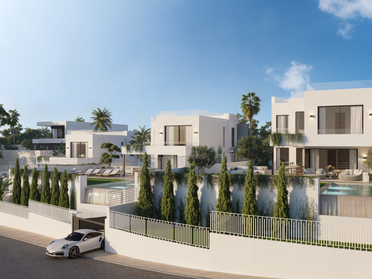 Higueron Hills Collection – Mijas - modern white luxury villas with private pools, terraces, and lush gardens, Porsche in driveway