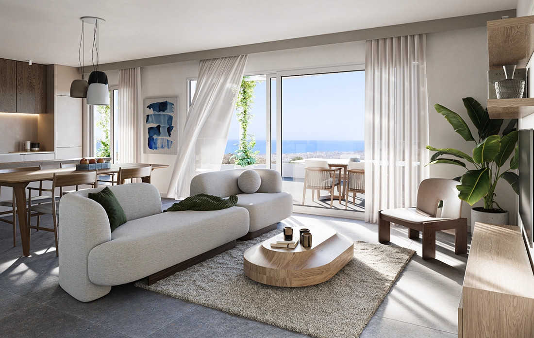 Mijas Seaviews FASE II – Mijas - bright open-plan living room with light grey sofa, wooden coffee table and panoramic sea views through floor-to-ceiling glass doors