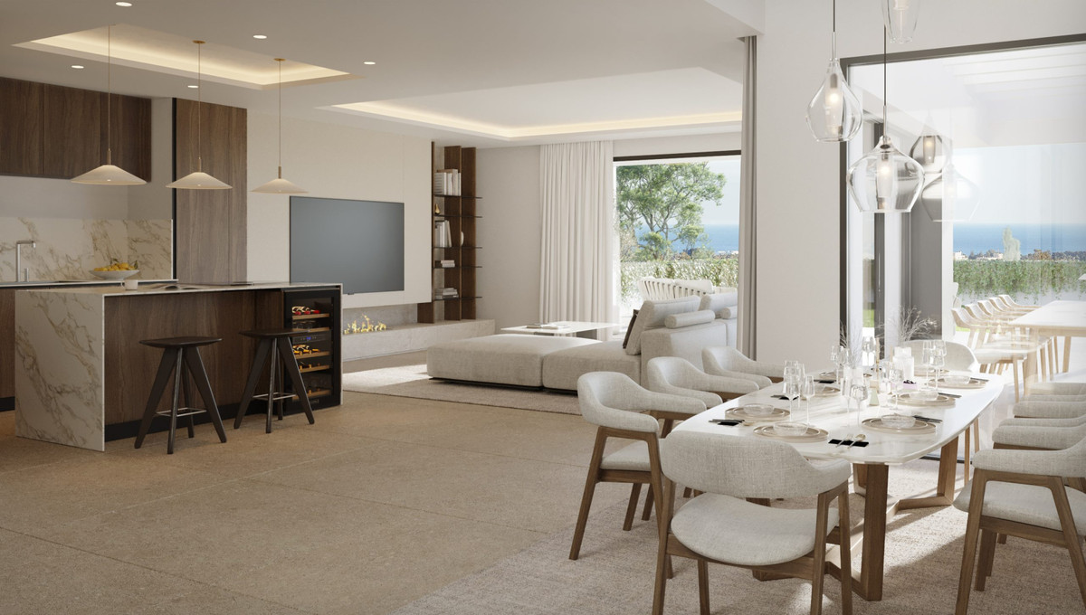 Higueron Hills Collection – Mijas - open-plan kitchen, dining and living area with marble island and sea views