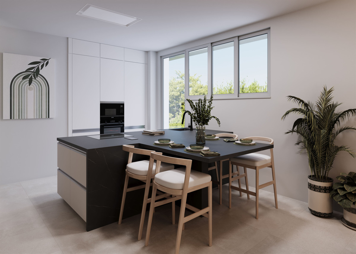 Villas Monte Palatino – Valle Romano - modern open-plan kitchen with dark island, dining bar stools and large windows overlooking greenery