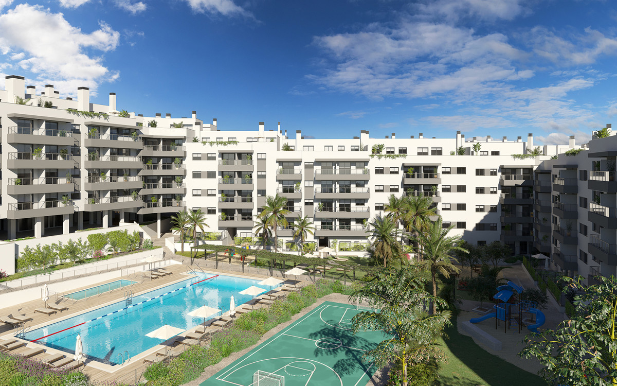 Suite Mijas III – Mijas - aerial view of white residential complex with outdoor pool, basketball court and playground