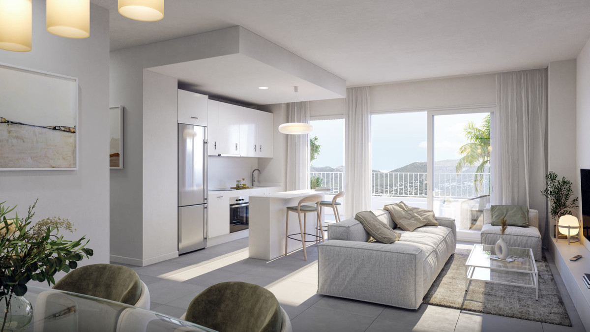 Sunset Views FASE II – Fuengirola - bright open-plan living room and kitchen with balcony and mountain views